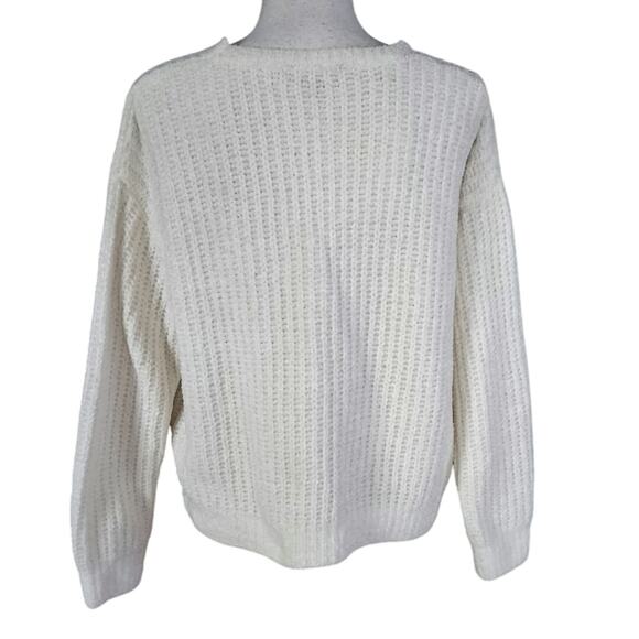 Express Size XS Cropped V Neck Sweater Chenille Ribbed Knit Ivory Oversized Boxy - Picture 2 of 3